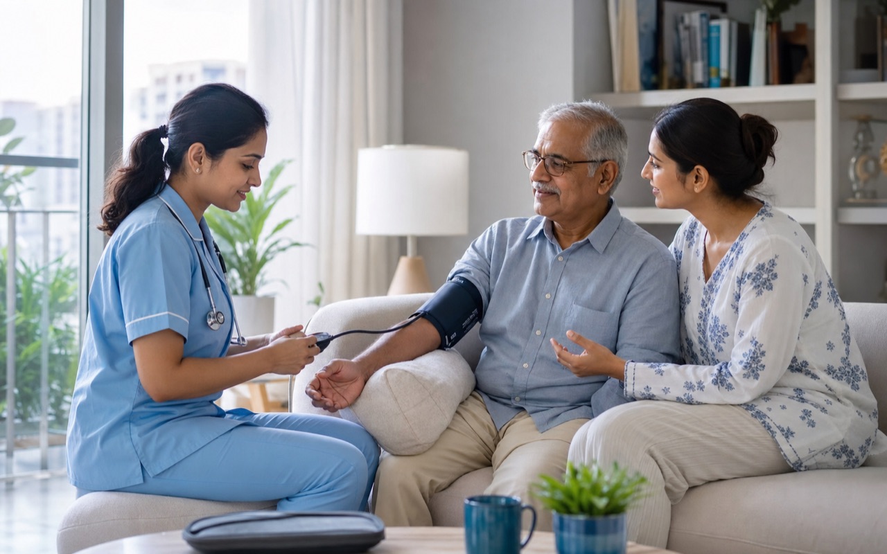 Home nurse supporting an older patient during a home-care visit